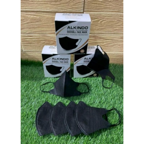Masker Duckbill earloop 3 ply garis Alkindo warna hitam isi 50 pcs/box.1 koli 100 box