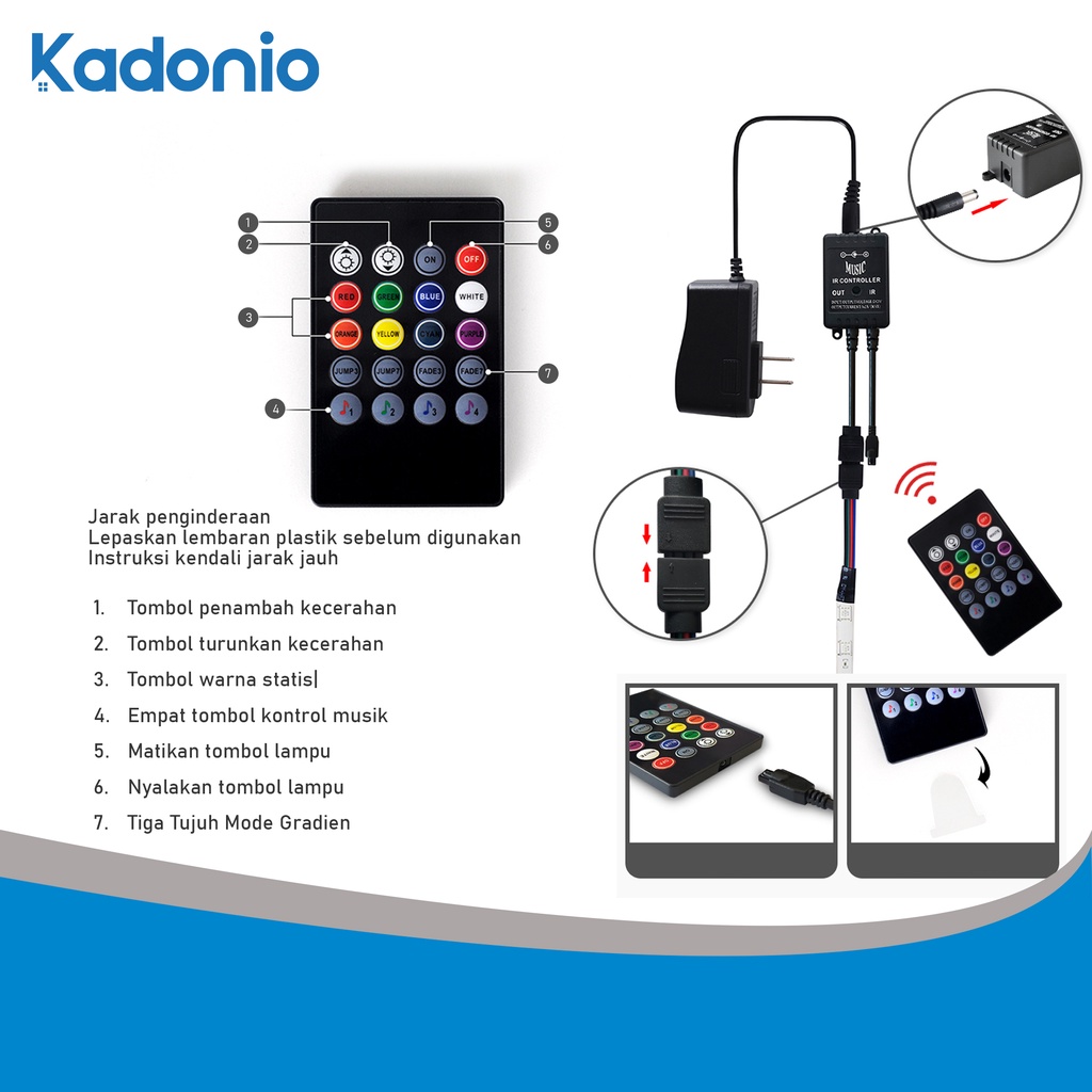 Kadonio Lampu Led Strip RGB Warna Warni waterproof IP65 2835/5050 Komplit Set Adaptor kontrol