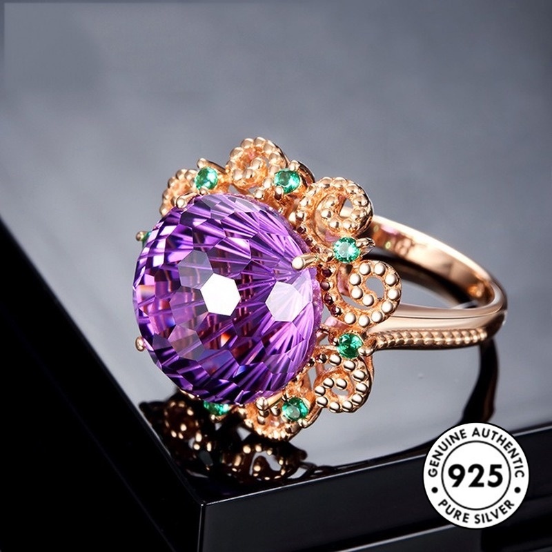 Cincin Sterling Silver 925 Model Hollow Dengan Batu Amethyst Warna Rose Gold Untuk Wanita