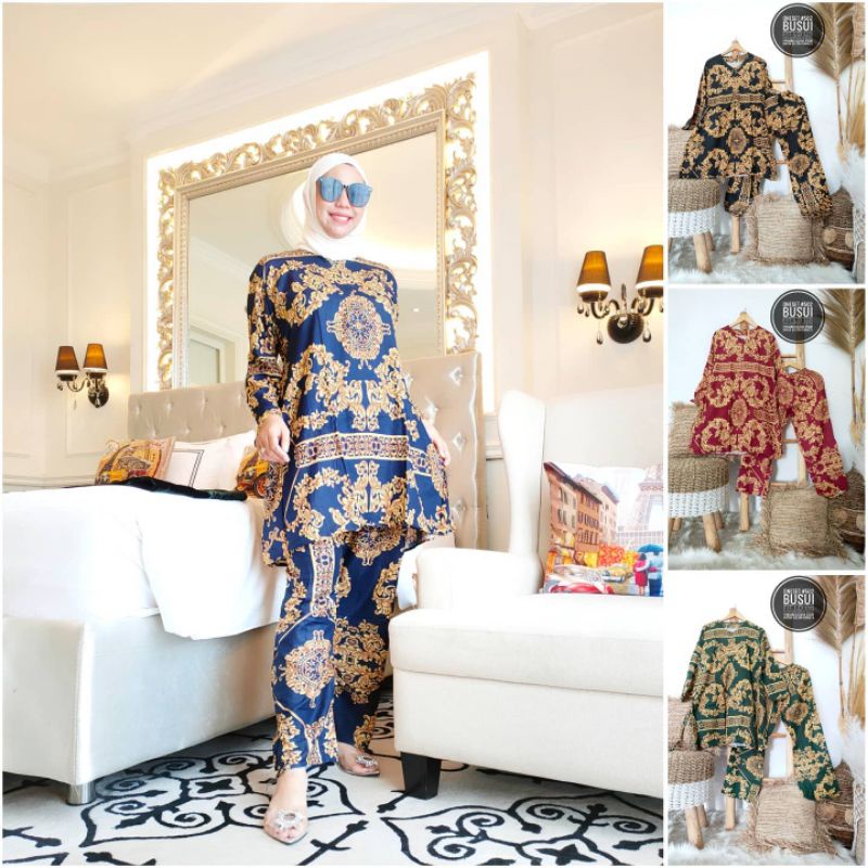 Long set sultan warna hitam setelan celana muslim batik wanita busui katun rayon