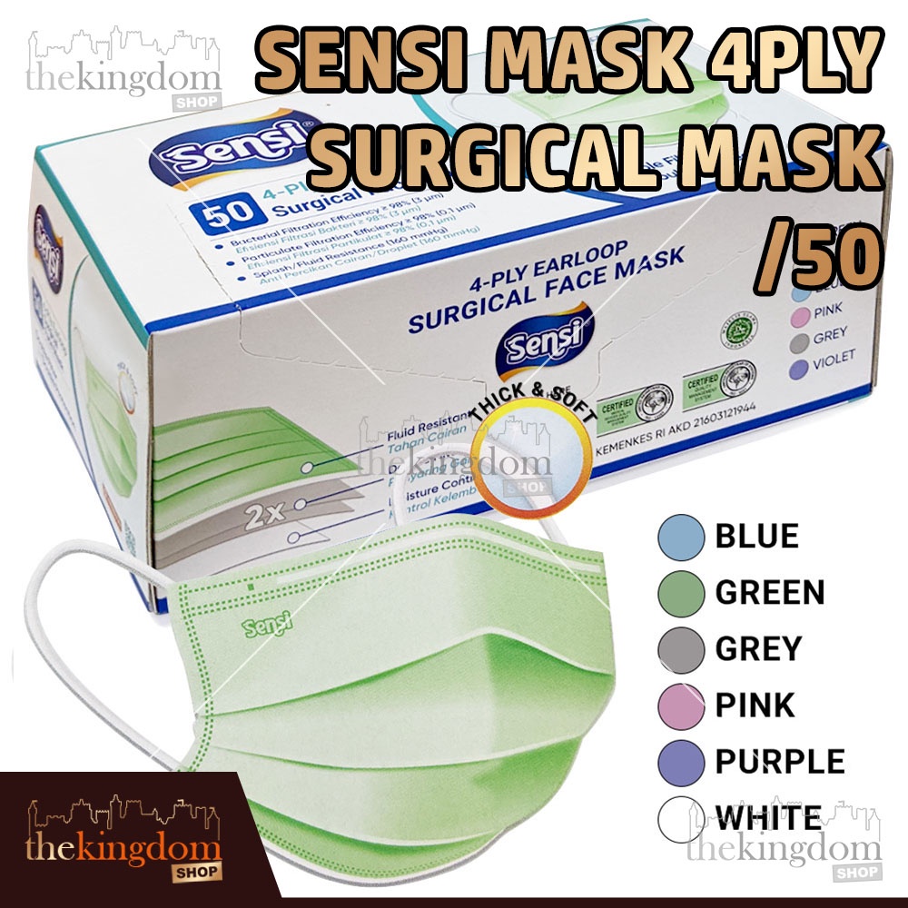Masker SENSI Earloop Bedah Medis 4ply Surgical Face Mask Green 50 pcs