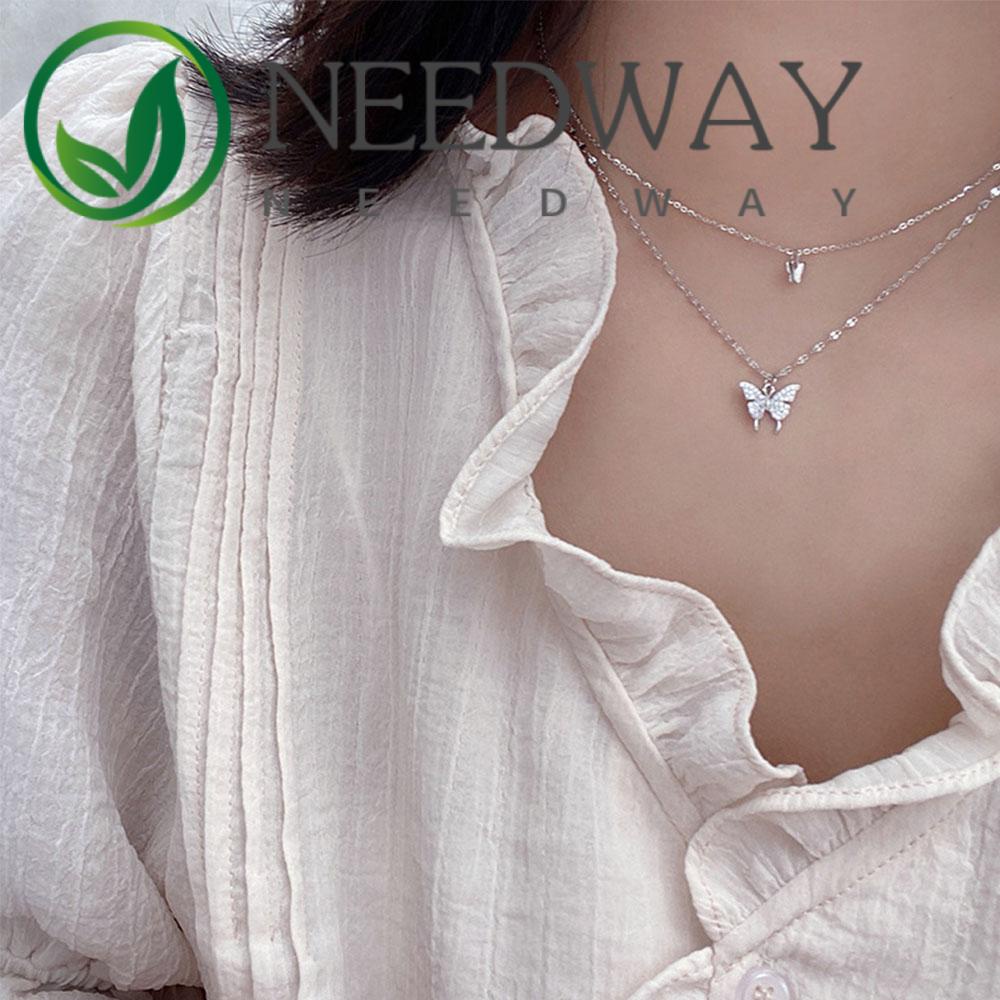 Needway  Accessories Butterfly Necklace Women Chocker Clavicle Chain Shiny CZ Fashion Double Layer Gifts Temperament Butterfly Pendant Women Jewelry/Multicolor