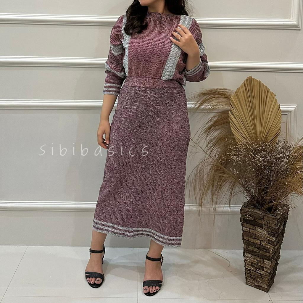 SIBIBASICS - One Set Wanita Cardigan + Rok Rajut Rib Knit Premium Tebal Korean Style Bahan Streach