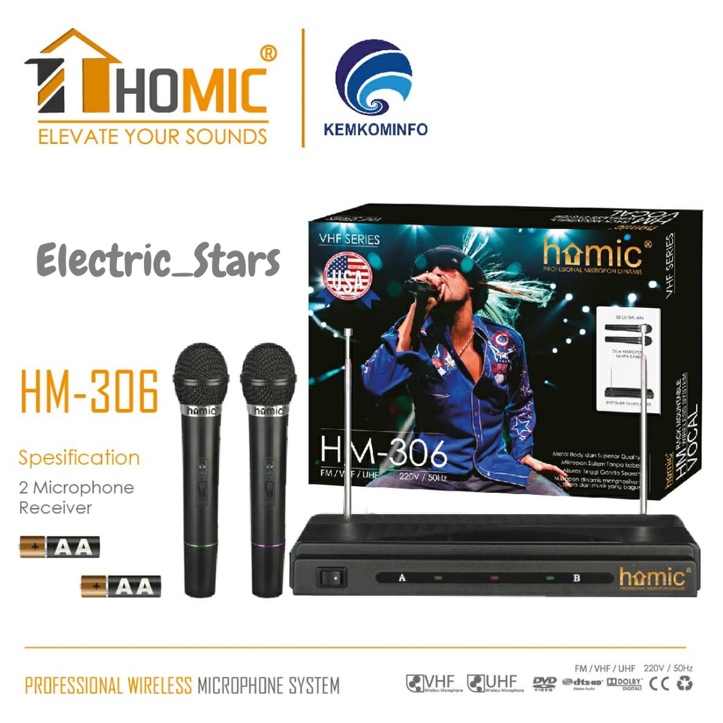 Mic Wireless Double Microphone / Mic Tanpa Kabel / Microphone Wireless Homic HM306