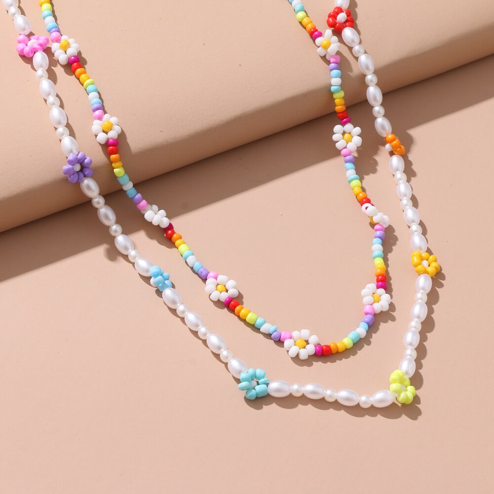 Y2K Colorful Double Layer Beaded Flower Choker Necklace for Women Bohemian Pearl Beaded Short Necklace Jewelry