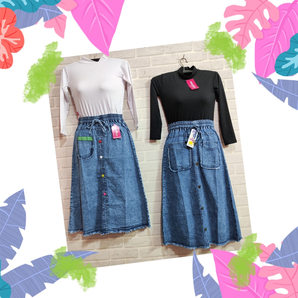 Rok Lev*s / Rok Jeans Panjang Anak Perempuan Motif Kancing Tengah Snow usia 5-13 thn / M L XL Tgg