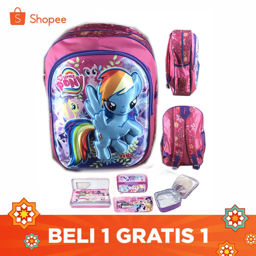 FREE ONGKIR + PROMO TERMURAH !!! Tas Ransel Sekolah SD Pony Rainbow 2 Kantung 3D Timbul Solid LBKP