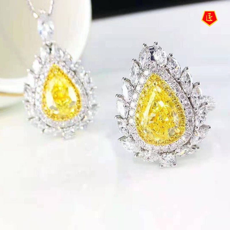 [Ready Stock]New Luxury Yellow Diamond Pendant Earrings Open Ring Set