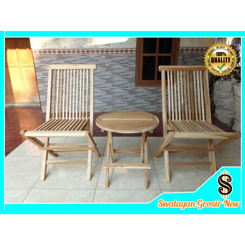 SG01 SET MEJA KURSI TERAS TAMU LIPAT RUMAH CAFE MOTIF BUNDAR SALUR KAYU JATI KECIL MINIMALIS SET