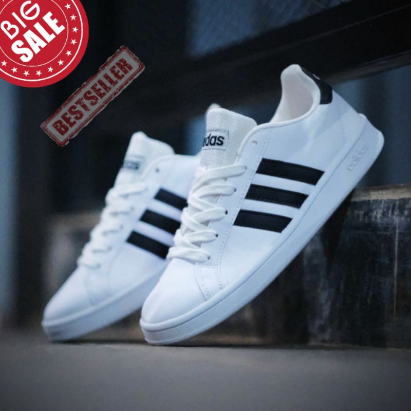 Sepatu Sneakers Ads Grand Court White Black Original Sneakers Pria