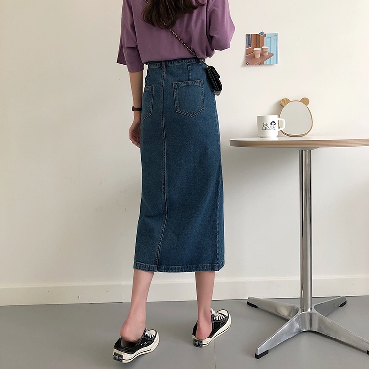 Rok Denim Panjang Wanita Korean Style Slit A-line Skirt Midi