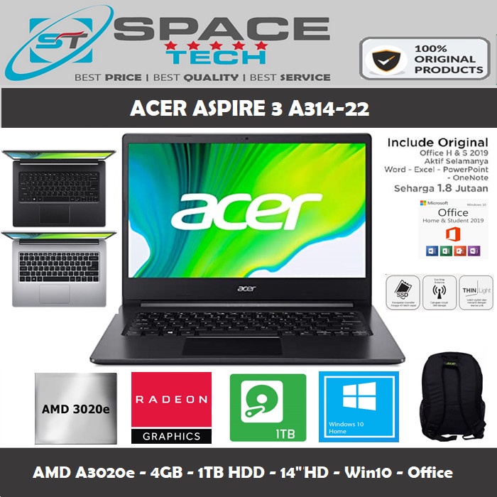 {MahesStore} LAPTOP ACER ASPIRE 3 SLIM A314-22 AMD 3020e 4GB 1TB HDD 14 W10 OHS - A0UJ - BLACK 4 gb 