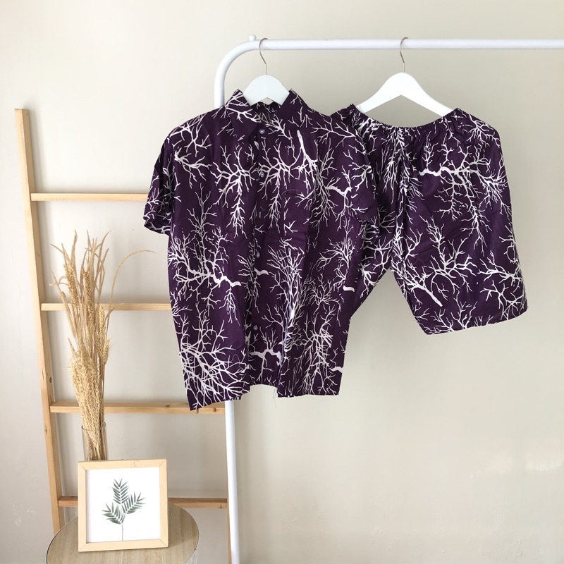 hirafa - One Set Setelan Atas Bawah Full Kancing / Baju Santai Tie Dye / Baju Wanita Pria-Akar - Ungu