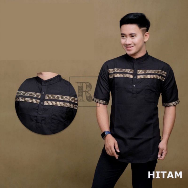 Baju Koko Pria Dewasa Lengan Pendek Kombinasi Bordir Motif Rantai Warna Putih