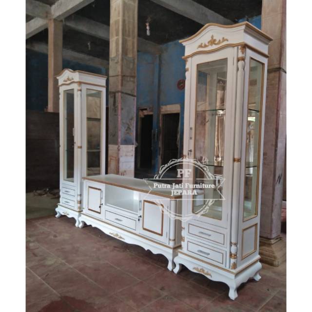 Bufet/ Lemari Pajangan Ruang Tamu Kayu Jati - Meja Tv Rak Hias Warna Putih Duco