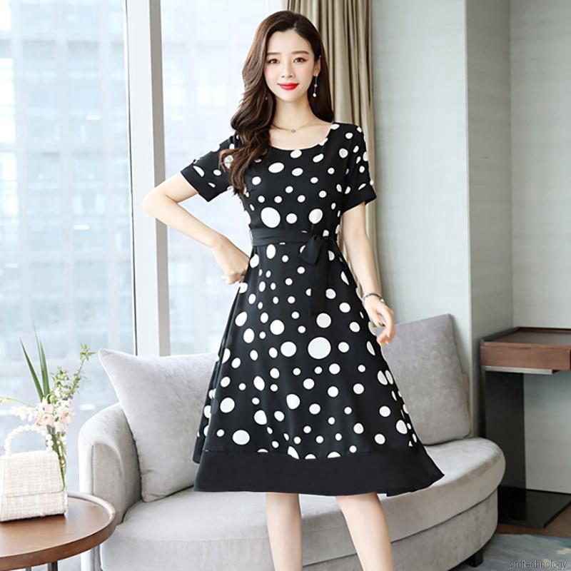 Dress Wanita Lengan Pendek Motif Print Polkadot Warna