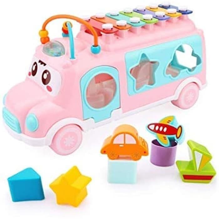 Mainan Anak Edukasi Bayi Mobil 2IN1 XYLOPHONE PUZZLE HAPPY BUS MX009 ST Belajar Mengenal Bentuk Shape &amp; Musik Nada - Kado Hadiah Ulang Tahun Usia 3 4 5 6 7 Bulan 1 2 3 Tahun