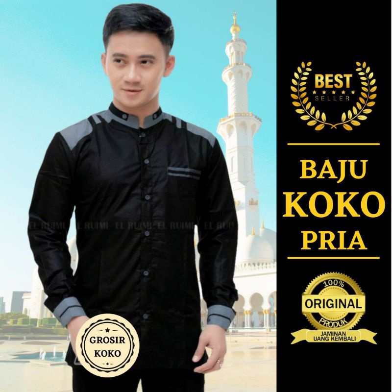 Promo Baju Koko Lengan Panjang Pria Terbaru Warna Hitam Motif Adidaz Kemeja Koko Premium Original Ke