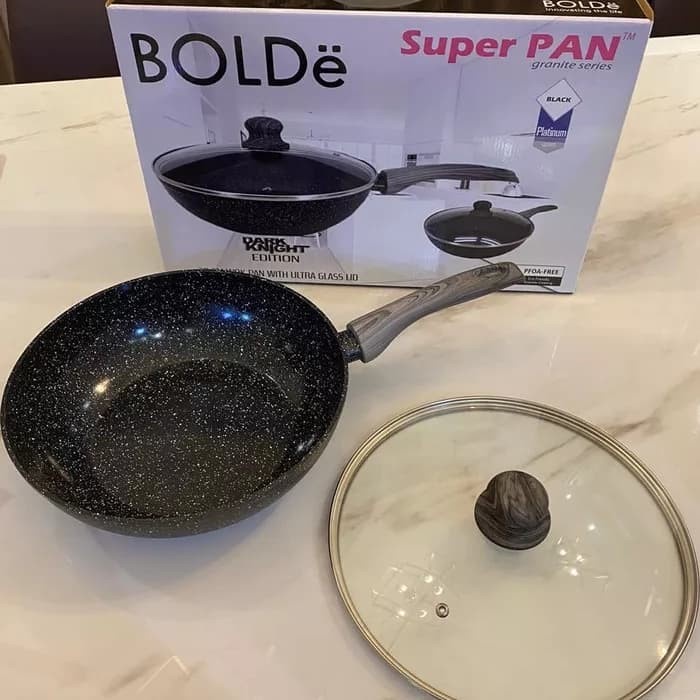 Wok Pan Granite BOLDe 28cm+Tutup Kaca DARK KNIGHT HITAM