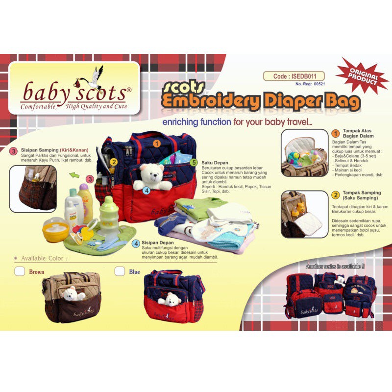 Baby Scots Large Diaper Bag/ Tas Perlengkapan Bayi Bordir Boneka Besar - ISEDB011