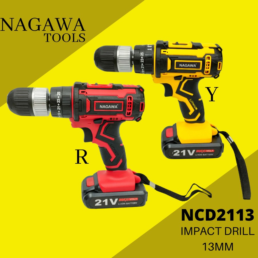 CORDLESS HAMMER DRILL 21V SET MESIN BOR BATERAI NAGAWA NCD2113 - Kuning