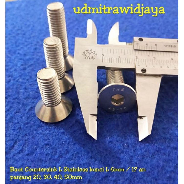 Baut Flat L baut countersink 10x20 tirus verseng L kunci 17/L 6mm panjang 20, 30, 40, 50mm stainless baut socket flat l