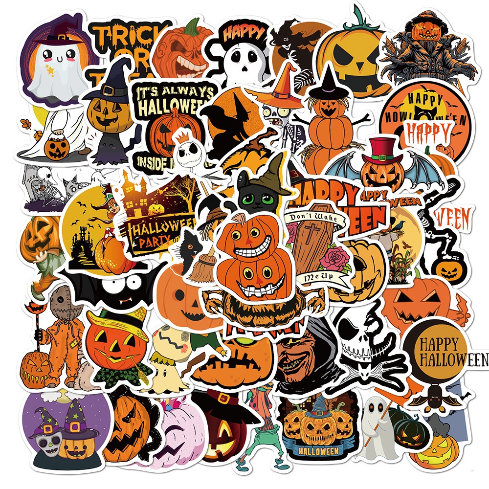 50 Pcs Halloween Theme Ghost Pumpkin Witch Pattern Waterproof Graffiti Stickers for Laptop Fridge Luggage Decoration