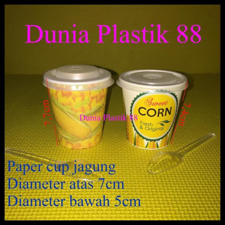 @50SET PAKET JASUKE GELAS KERTAS PAPER CUP 6,5OZ+ TUTUP +SENDOK JAGUNG