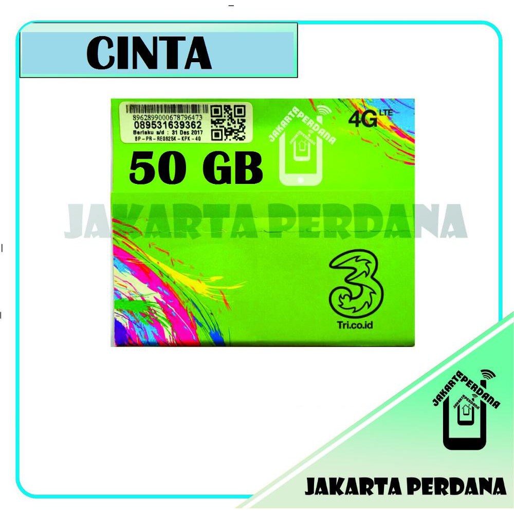 jual TRI CINTA KUOTA 50 GB   4G   KARTU PERDANA INTERNET THREE CINTA 50GB limited
