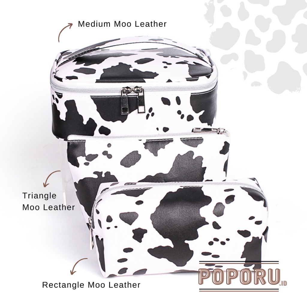 POPORU MOO LEATHER pouch 3 types - cosmetics bag organizer for make up - tas tempat kosmetik sapi - cow pattern