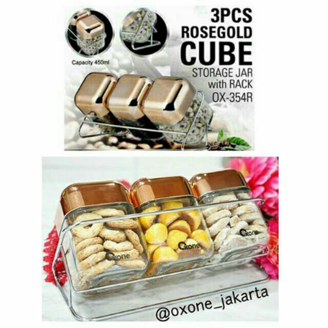 Oxone OX-354R 3pcs Rosegold Cube Storage jar with rack