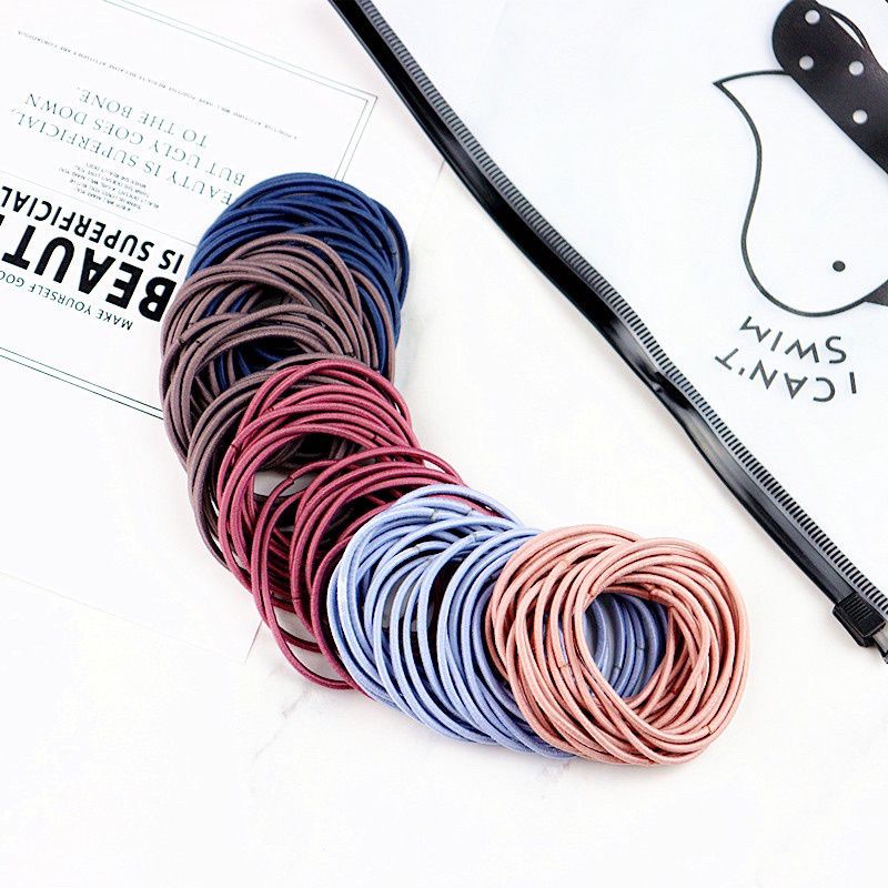 [100 PCS] Ikat Rambut Korea I Can Swim isi 100 pcs Warna Warni + Pouch-Mix warna gelap