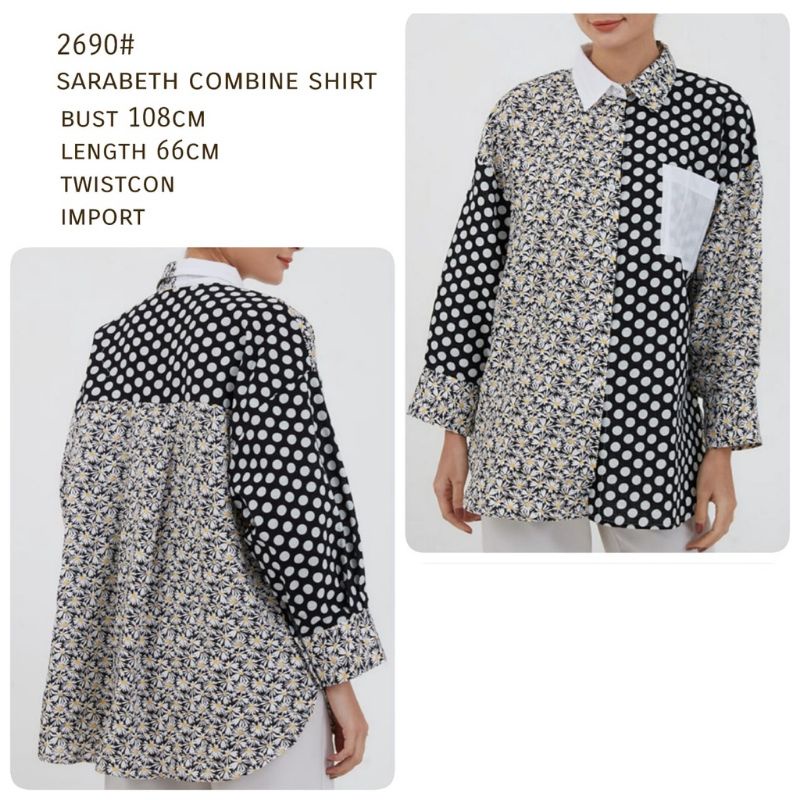 2690 Kemeja bunga bunga mix polkadot lengan panjang import wanita Atasan bunga putih hitam kerah len