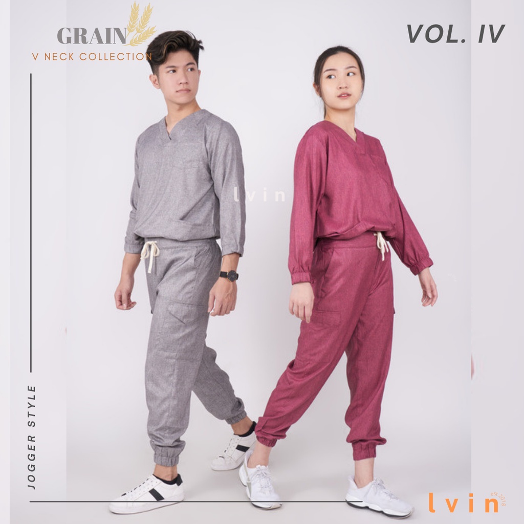 [ Lvin ] Vol IV - Denim 01 - Baju OKA Lengan Panjang Karet  Celana Joger / Baju oka joger / Baju Oka V neck / Baju Jaga / Set Baju Celana Jaga Oka / Dokter Lengan Panjang/ Baju OK two tone