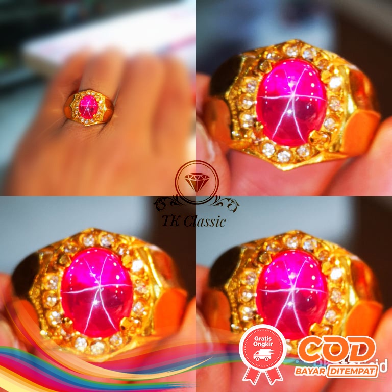 Cincin Pria Batu Permata Merah Siem Delima Star Tajam Bangkok 9,25 Kekerasan Mohs