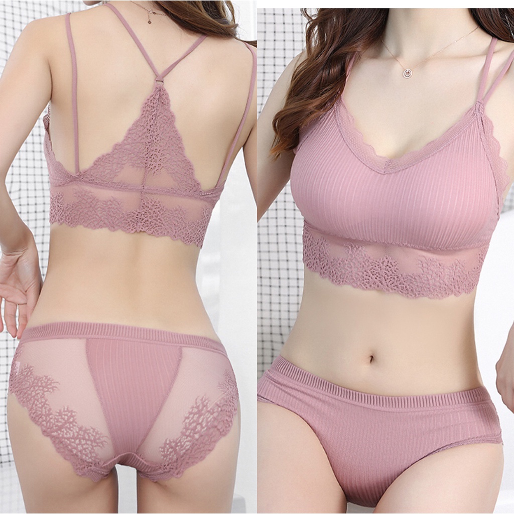 Bra Wanita Tanpa Kawat Set Push Up Isi Busa Lace Katun Breathable Hiasan Bordir 3B06