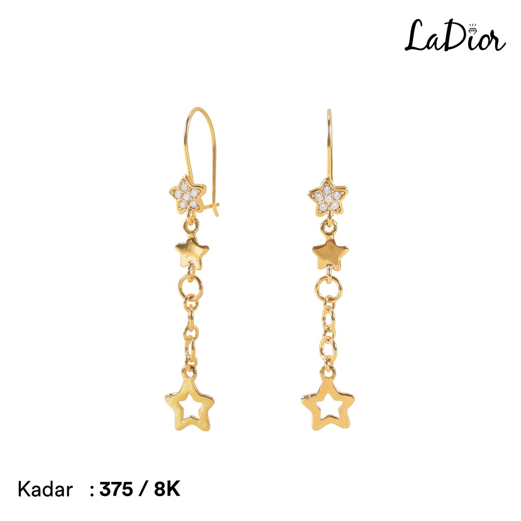 LADIOR - Anting Italy Panjang Emas Asli kadar 375 Model Bintang - 045 - 8K - Yellow Gold