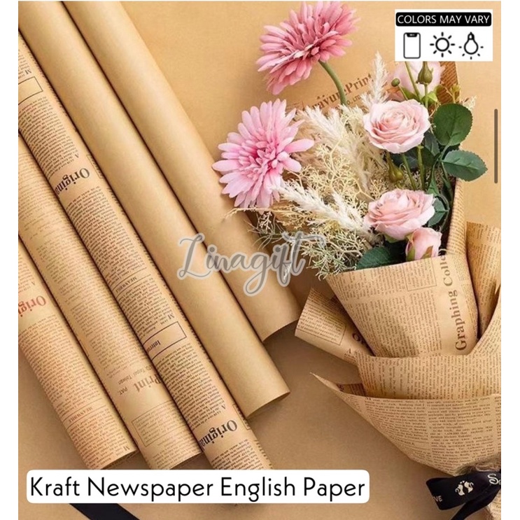 FLOWER WRAPPING PAPER / KERTAS BUKET BUNGA ( 5 Lembar ) KRAFT ENGLISH NEWSPAPER - KERTAS KADO PREMIUM VINTAGE CRAFT PAPER GIFT KORAN FLORIST / KERTAS GELOMBANG / CORRUGATED PAPER