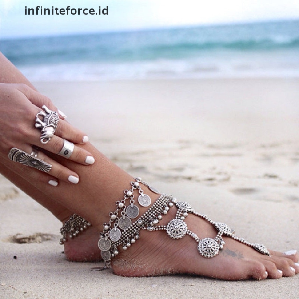 Infiniteforce.id Gelang Kaki Rantai Silver Wanita Desain Koin Antik Boho Gypsy