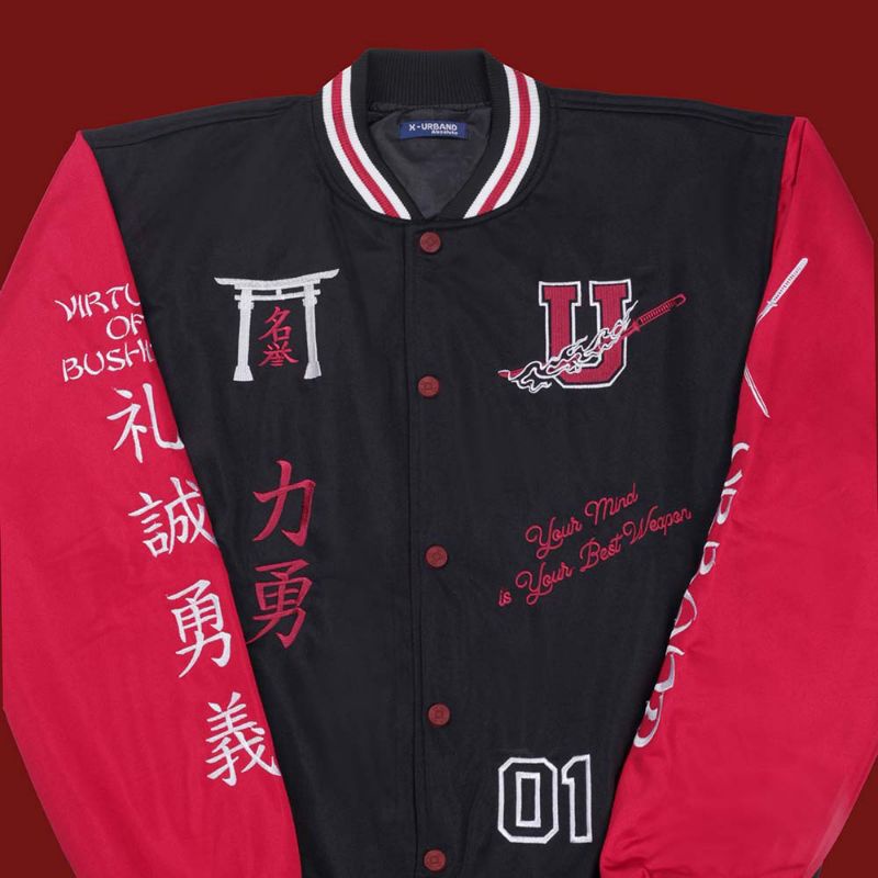 Varsity Jaket Baseball Motif Terbaru Keren Stylish Premium Material Bahan Mayer Full Bordir Warna Hitam Merah | Jaket Sukajan Xtreme Performance | Jaket Distro Keren Style Korea Japan