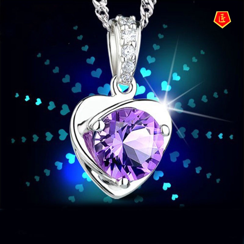 [Ready Stock]Love Heart-Shaped Silver Necklace Women's Korean Fashion Simple Amethyst Pendant