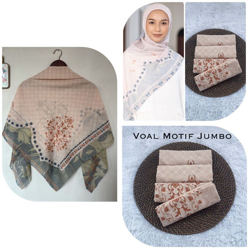 Terbaru !! Hijab Voal Syar'i Ukuran Jumbo 130×130 Motif Bella Series Kerudung Segiempat Motif Jilbab Khimar-Peach
