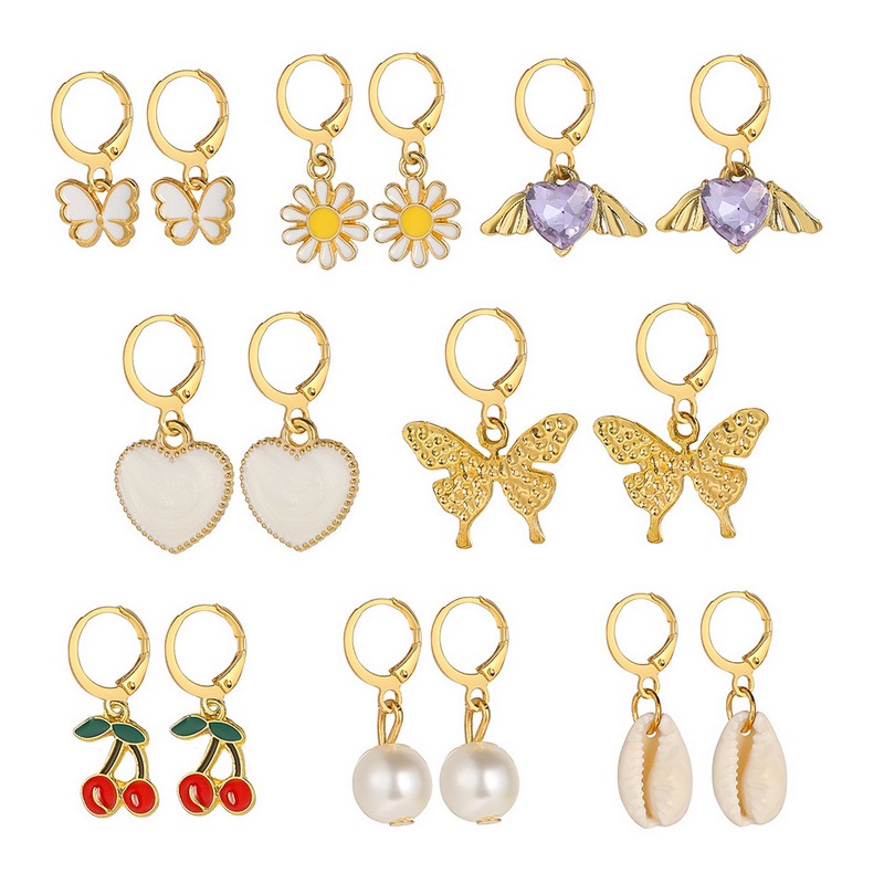 9 Pasang / Set Anting Kombinasi Kupu-Kupu Peach Hati Cherry Mutiara Berlian Imitasi Untuk Wanita