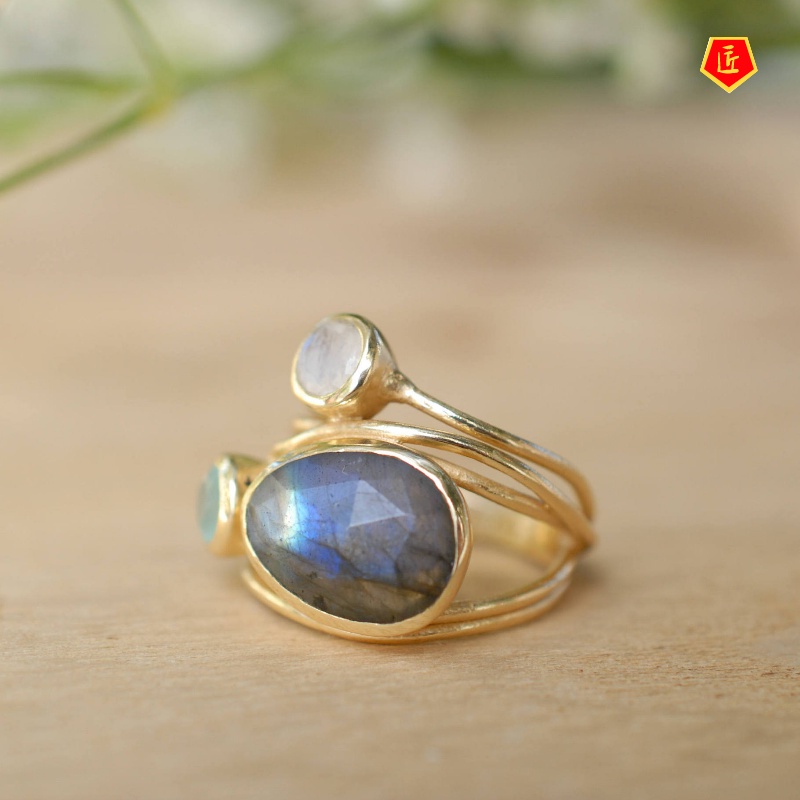 [Ready Stock]Inlaid Moonstone Ring Gold European American Creative Multi Shell Ring