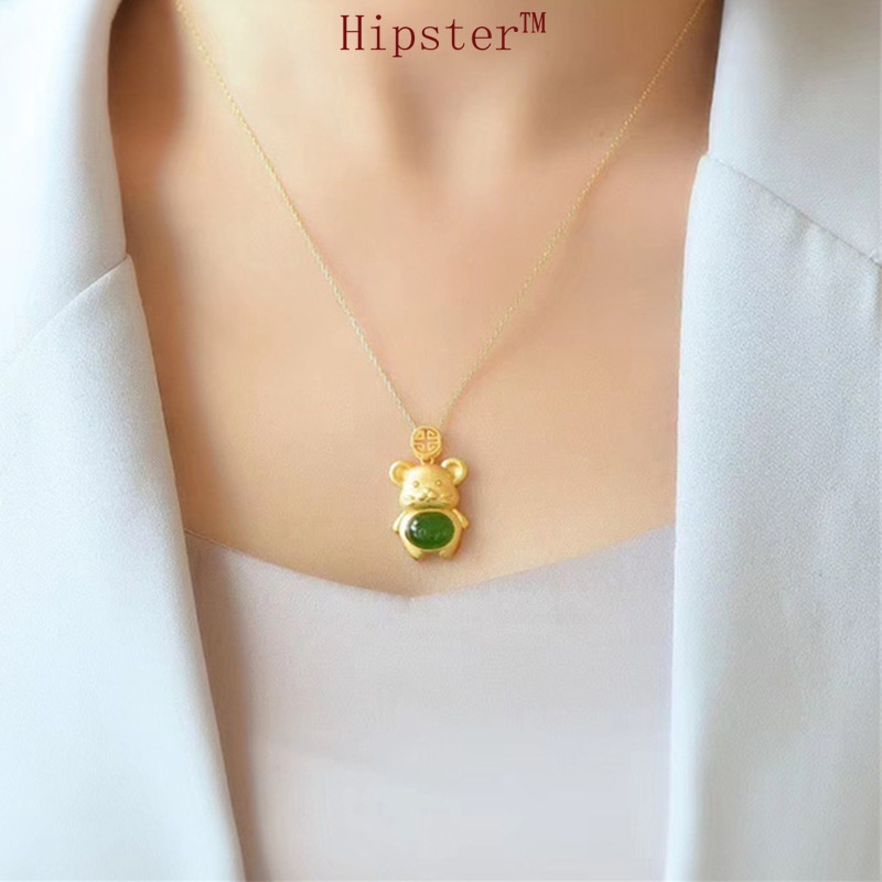 Hot Selling Cute Mouse Pattern Natural Green Treasure Jade Pendant Necklace