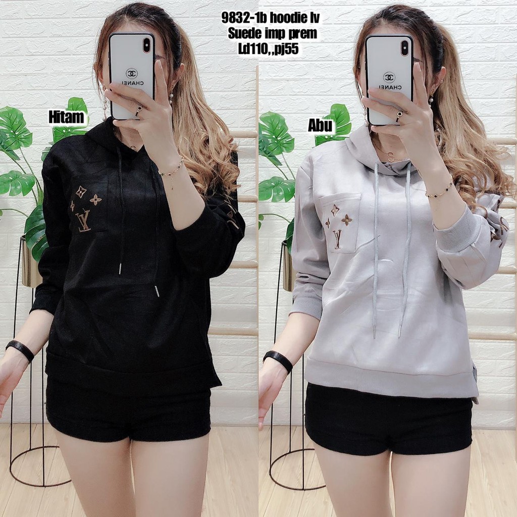 ATASAN PREMIUM KAOS HOODIE SUEDE LV BAJU KAOS ATASAN WANITA FASHION IMPORT 9832-1