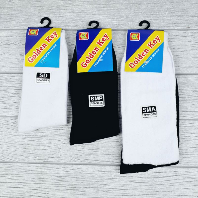 Kaos Kaki SD SMP SMA Golden Key Sekolah Kualitas Bagus Lembut Bahan Katun Panjang Anak Hitam Putih Polos Pendek Tebal Sebetis Betis Remaja Wanita Pria