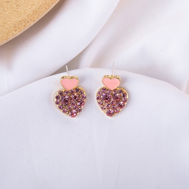 Anting 925 silver needle Bentuk Hati Aksen Berlian Warna pink