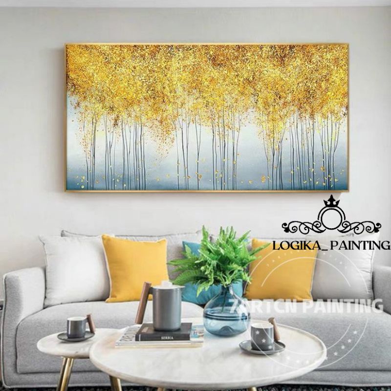 lukisan dinding ruang tamu bunga emas