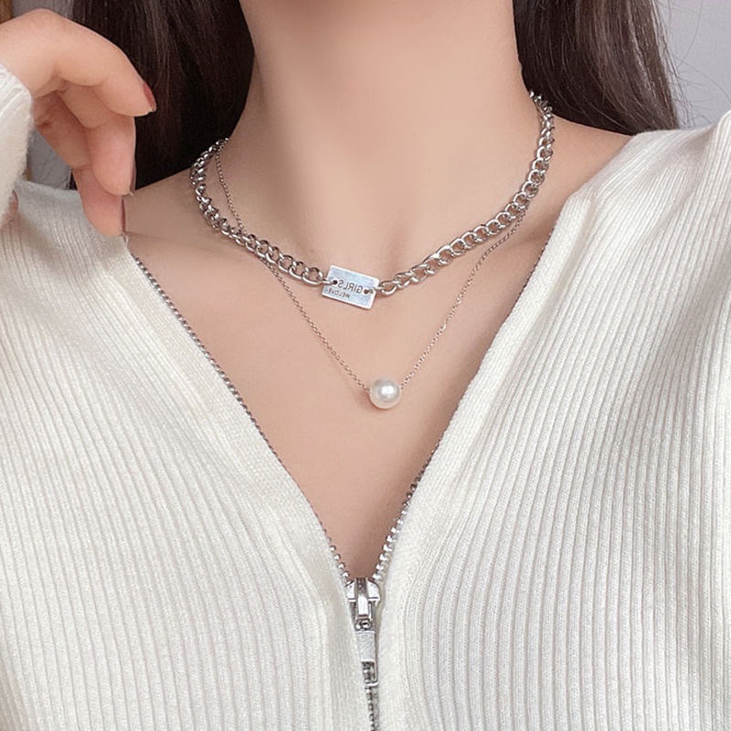 Kalung Rantai Klavikula Dengan Liontin Mutiara Ganda Gaya Korea Untuk Aksesoris